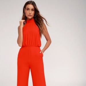 RED HALTER JUMPSUIT LULUS- MOMENT FOR LIFE